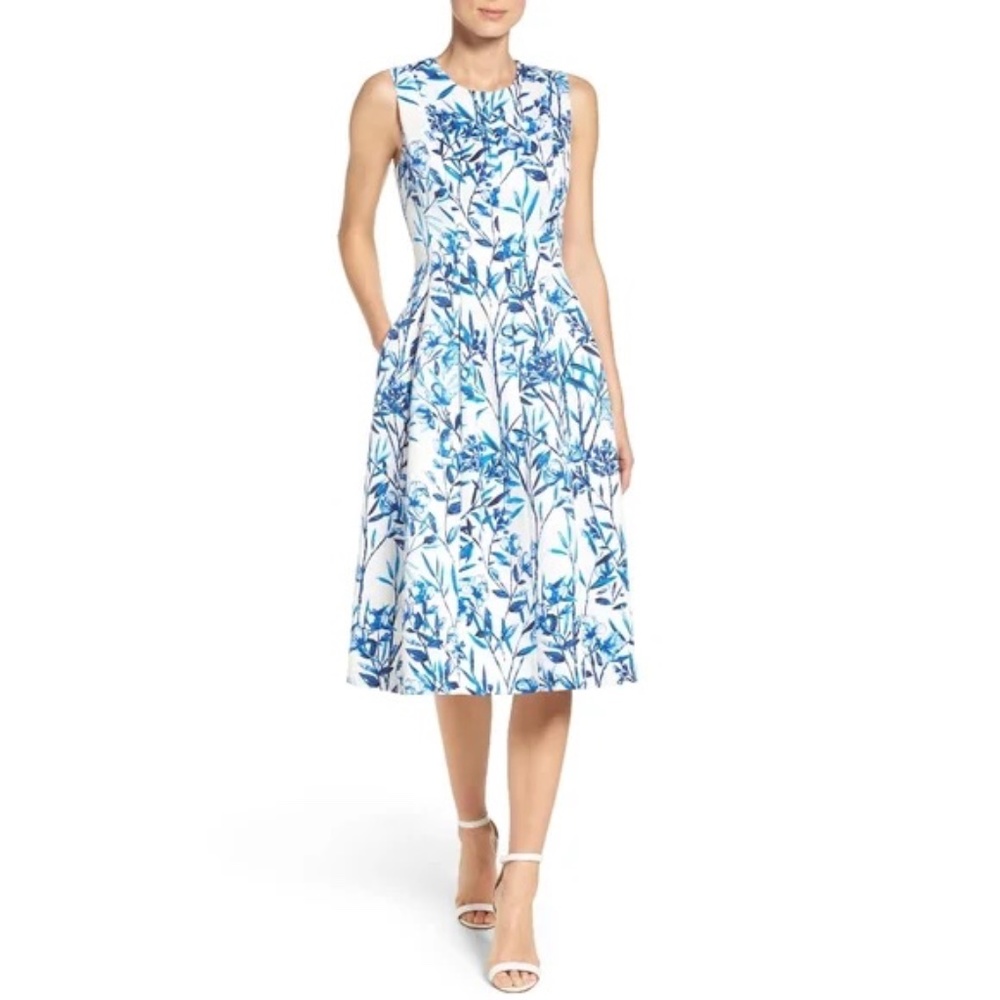 Eliza J Fit & Flare Midi Dress Blue Ivy Floral Sleeveless Dress 6